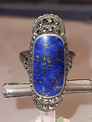 #ad Vintage Sterling Silver Lapis Lazuli And Marcasites Oval Elongated Rare $80.00