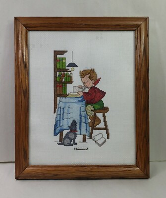 #ad Vintage Needle Point Little Boy Reading Book Solid Wood Framed Hummel $30.00
