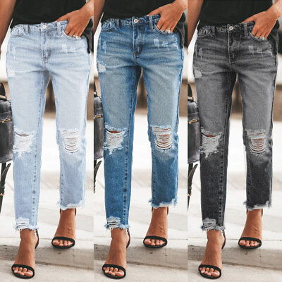 #ad Summer Women Temperament Personality Ripped Hole Old Straight Trousers Jeans $52.28