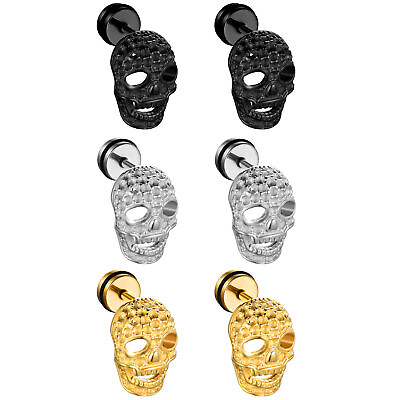 #ad 6pcs Mens Punk Rock Stainless Steel Hollow Skull Pierced Ear Studs Cool Earrings $10.99
