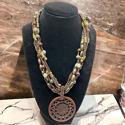 #ad Multi Strand Mixed Bead Necklace Green Bronze Brown w Round Bakelite Pendant 22quot; $17.99