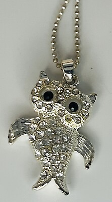 #ad Lia Silver tone Rhinestone Owl Pendant Necklace 18” $9.74