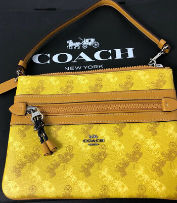 #ad COACH Gallery Pouch In Horse and Carriage Print Yellow Multi F79944 New $82.99