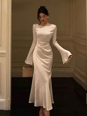 #ad White O Neck Satin Maxi Dress Women Elegant Bodycon Fishtail Dresses Spring $51.94