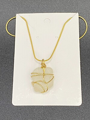 #ad Gold Tone Wire Wrapped White Sea Glass Pendant Necklace $33.50
