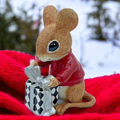 #ad Mouse Light Brown Figurine W Red Jacket with Present Gift Big Ears Resin 4 1 4quot; $13.19