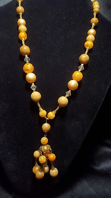 #ad Lucite Beaded Flapper Style Orange Brown Vintage Tassel Necklace $18.00