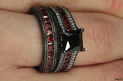#ad Princess 925 Sterling Silver Red Garnet Accent CZ Engagement Wedding Ring Set $27.41
