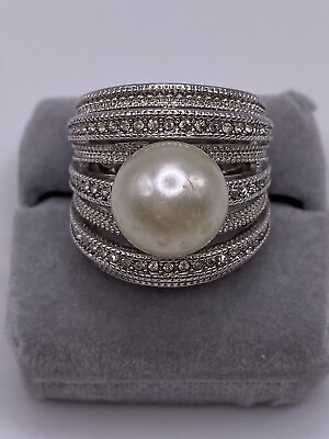 #ad Nataliya V Collister NVC CZ amp; Pearl Solid Sterling Silver 925 Wide Ring $65.00