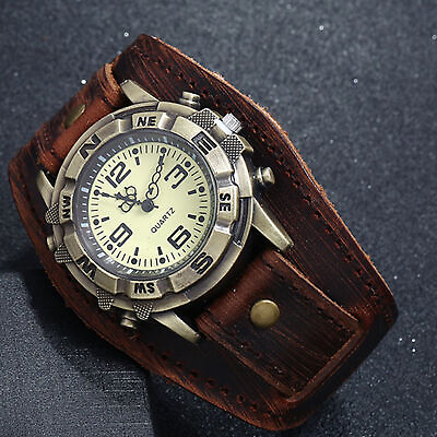 #ad Vintage Retro Leather Cuff Bracelet Wide Band Steampunk Mens Quartz Wrist Watch $11.99