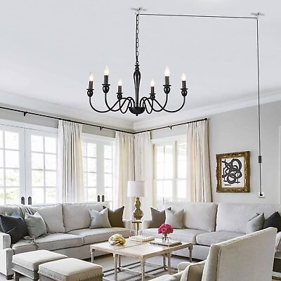 #ad Black 6 Light Plug In Chandelier Fixture With Cord amp; Switch Bedroom Pendant Lamp $77.00