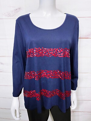 #ad Talbots Womens Top Size XL Blue Sequin Hearts Scoop Neck $29.99