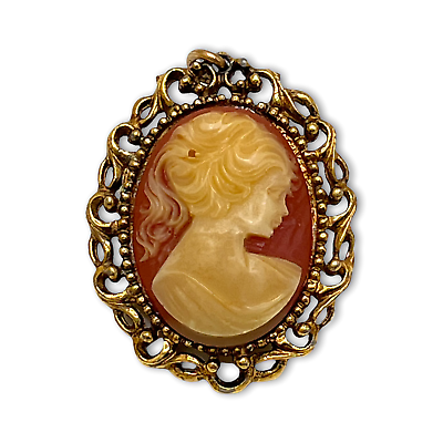 #ad Cameo Brooch Pendant Vintage Carved Pink White Victorian Lady Gold Tone Metal $14.99