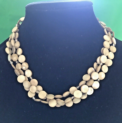 #ad Three Strand Mother of Pearl Flat Beaded Necklace 18quot; Adjustable New Old Stock $39.99