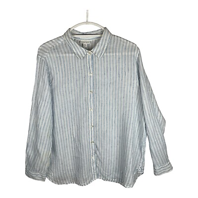 #ad J. Jill Love Linen Women#x27;s Large Petite Button Down Shirt White Blue Striped $14.95
