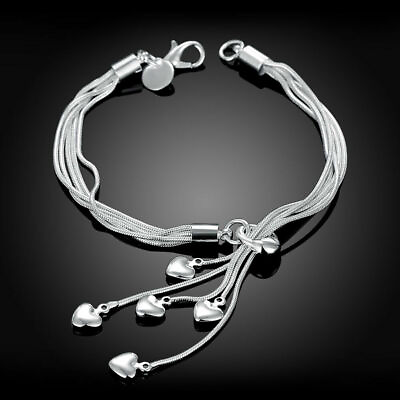 #ad 925 Sterling Silver Filled Lovely Solid Hearts Pendant Charm Bracelet Chain 8#x27;#x27; AU $9.95