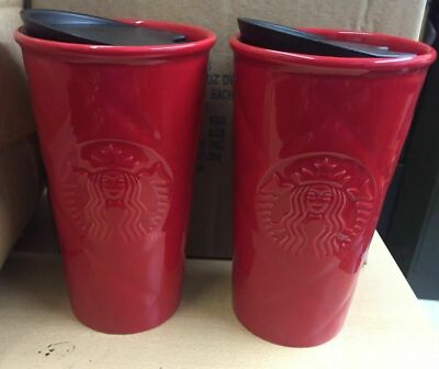 #ad 2 NEW Starbucks Red Quilted Double Wall Ceramic Travel Mug TUMBLER FREE SHIPPING $45.00