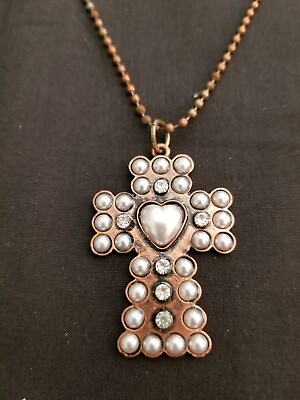 #ad Cross With Faux Pearl Heart And 28quot; Chain $4.99