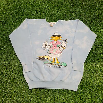 #ad Vintage 1988 Funny Cool Duck Cartoon Sweatshirt XL Short 22x26 Baby Blue Playful $58.77