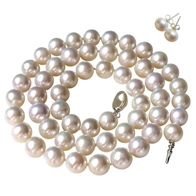 #ad 18 Inch ROUND 9 10mm White Pearl Necklace Earrings Set Cultured Freshwater Women $169.99