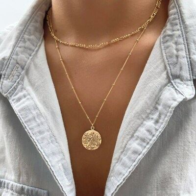 #ad 18K Coin Angel necklace Gold medallion necklace Celestial mystic necklace GBP 9.99
