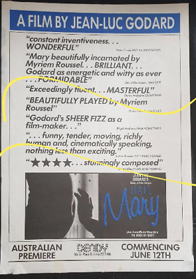 #ad Jean Luc Godard#x27;s Hail Mary rare and unique Australian cinema flyer for Dendy AU $38.00