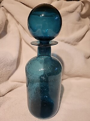 #ad Blue Glass Decanter W stopper Beautiful glass small bubbles 11” $25.00