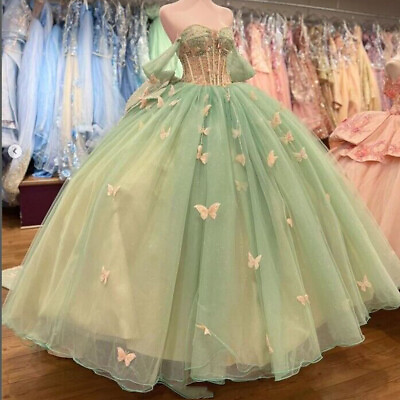 #ad Sweet 16 Glitter Quinceanera Dresses 3D Butterfly Off Shoulder Party Ball Gowns $150.01