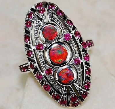 #ad Natural 3CT Red Fire Opal amp; Ruby 925 Sterling Silver Filigree Ring Sz 68 FM4 $35.99