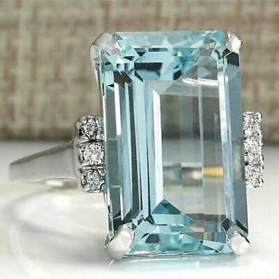 #ad Gorgeous Emerald Shape Blue Aquamarine Women#x27;s Engagement Ring In 935 Silver $194.00