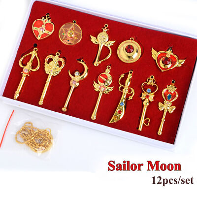 #ad 12pcs set Anime Sailor Moon Pretty Guardian Pendant Necklace Cosplay Gift Golden $17.71