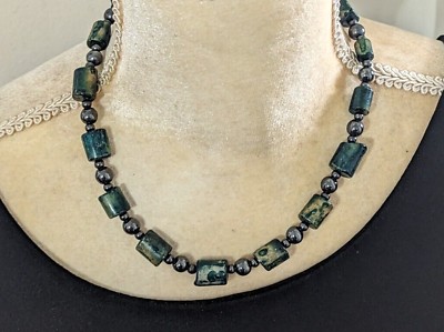 #ad Natural dark green agate silver tone beaded necklace 16quot; barrel clasp $11.20