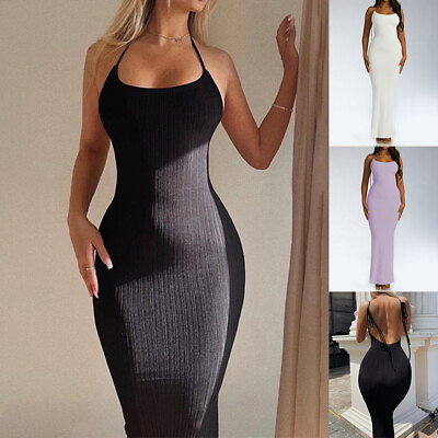 #ad Womens Sexy Solid Summer Square Neck Midi Dress Sleeveless Mermaid Bodycon Gowns $21.09