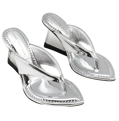 #ad GOOD AMERICAN Clear Wedge Thong Sandals LUCITE BLOCK HEEL SILVER Shoes SIZE 8.5 $59.99