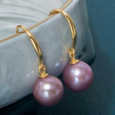 #ad Highlights 12MM Purple Shell Pearl Earrings 18K Handmade Drop Office Hoop $7.11