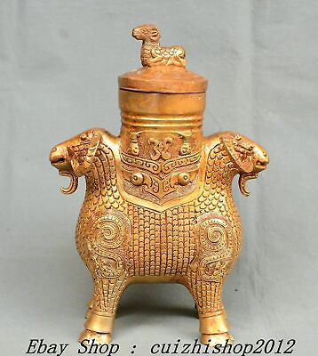 #ad 10quot; Old Chinese Dynasty Bronze Ware Gold Sheep Goat Beast Head Zun Bottle Vase $243.60
