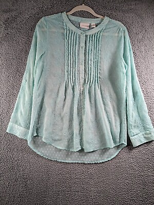 #ad Chicos Top Size 1 Kandyce Button Front Shirt Details Embroidered Sheer Medium $13.95