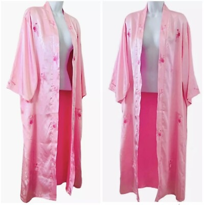 #ad Vintage Kimono Topper Silk Satin Embroidered Pastel Pink Women’s Medium $59.00