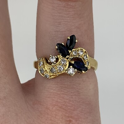 #ad Unique Diamond amp; Sapphire Marquise Cut Ornate Ring 18ct 18k Yellow Gold Size O GBP 320.00