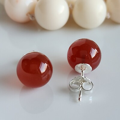#ad Natural Carnelian 10mm Ball Stud Earrings Solid 925 Sterling Sliver $19.90
