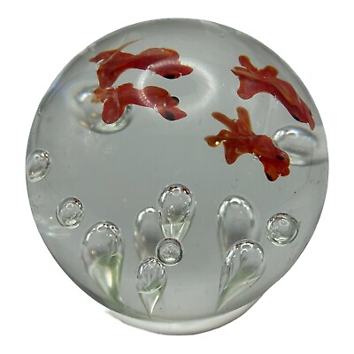 #ad Clear Goldfish Art Glass Paperweight Orange Fish Bubbles Fishbowl Bowl 3quot; Tall $14.99