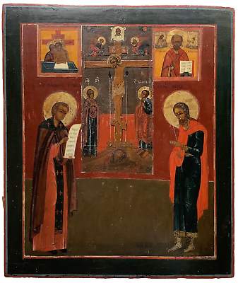 #ad Large RUSSIAN TEMPERA ON WOOD ICON 18th Century Crucifixion $2200.00