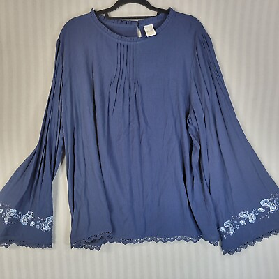 #ad time amp; tru womens top size 20 blue embroidered long bell sleeve boho peasant $21.99