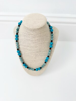 #ad NWT Genuine Blue Jade Blue Chalcedony amp; Black Onyx Necklace Beaded $42.00