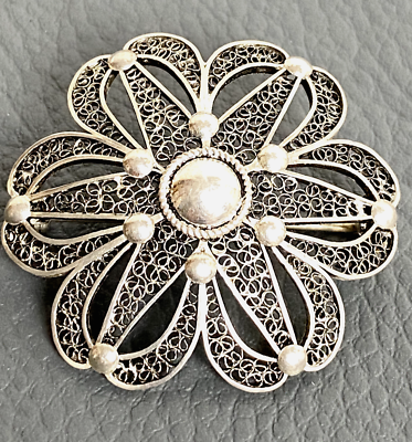 #ad Art Deco Austrian Vintage Filigree Brooch Round Solid Silver 835 Flower Shape $47.99