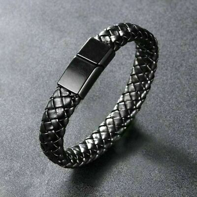 #ad Black Men#x27;s Braided Leather Stainless Steel Cuff Bangle Bracelet Wristband $6.99