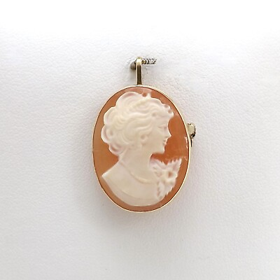 #ad Vintage 14K Gold Italy APA Carved Shell Cameo Flora Brooch Pin Pendant $189.05