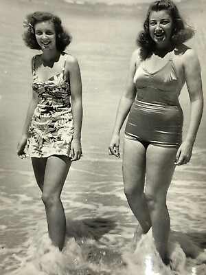 #ad AdH Photograph 2 Beautiful Women Bathing Suit Artistic Ocean Wave Cute 5x7 1950s $14.50