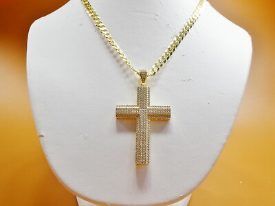 14K YELLOW GOLD COLOR CHAIN AND CROSS PENDANT OVER 925 STERLING SILVER $89.99