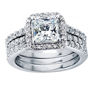 #ad 3 PCS Women Princess Cut 925 Solid Sterling Silver Wedding Engagement Rings Set $32.99